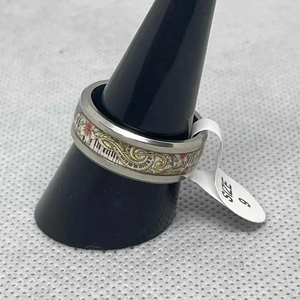 Music Lover Floral Keyboard Piano Treble Clef Stainless Steel Band Ring Size 9